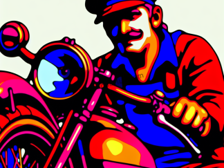 Super Mario on an old motorcycle.