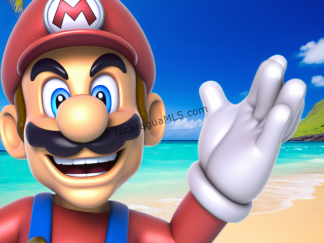 A very happy Super Mario at a tropical secluded beach gesturing hello!
