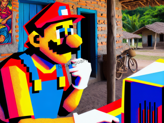 Super Mario at a computer in a nicaraguan style rancho.